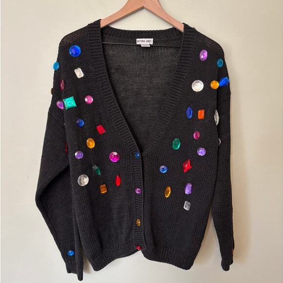 Vintage 80s Bejeweled Black Chunky Cardigan Sweater Small Holiday Gem - Picture 1 of 7